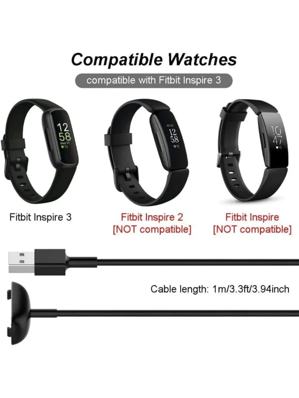 Fast Charging Cable & Wall Plug for Fitbit Inspire 3 Smartwatch - Durable